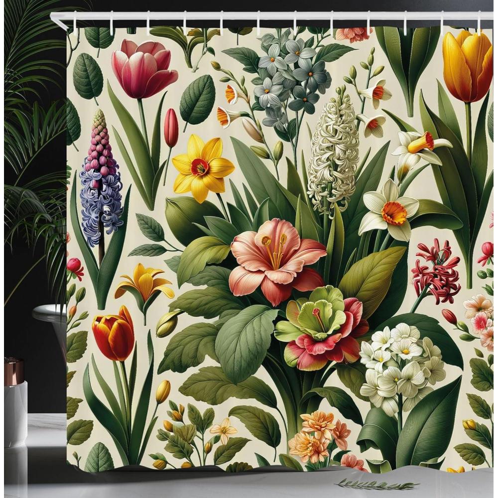 imageAmbesonne Floral Shower Curtain Romantic Tender Garden of Daisy Like Flowers and Leaves 70s Groovy Nature Cloth Fabric Bathroom Decor Set with Hooks 69 W x 70 L Reseda Green and PinkOlive Green Pale Ruby