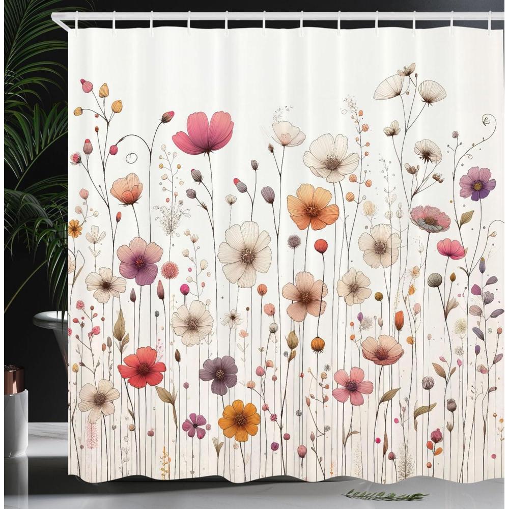 imageAmbesonne Floral Shower Curtain Romantic Tender Garden of Daisy Like Flowers and Leaves 70s Groovy Nature Cloth Fabric Bathroom Decor Set with Hooks 69 W x 70 L Reseda Green and PinkPink Off White and Mauve