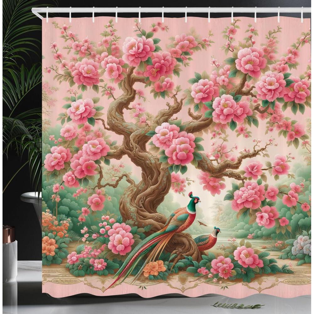 imageAmbesonne Floral Shower Curtain Romantic Tender Garden of Daisy Like Flowers and Leaves 70s Groovy Nature Cloth Fabric Bathroom Decor Set with Hooks 69 W x 70 L Reseda Green and PinkPastel Pink Jade Green