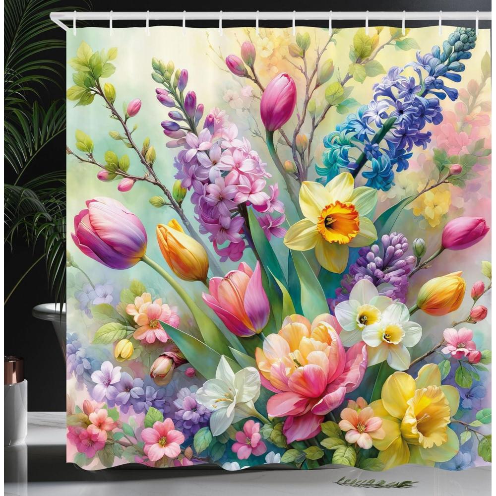 imageAmbesonne Floral Shower Curtain Romantic Tender Garden of Daisy Like Flowers and Leaves 70s Groovy Nature Cloth Fabric Bathroom Decor Set with Hooks 69 W x 70 L Reseda Green and PinkPale Lilac Fern Green