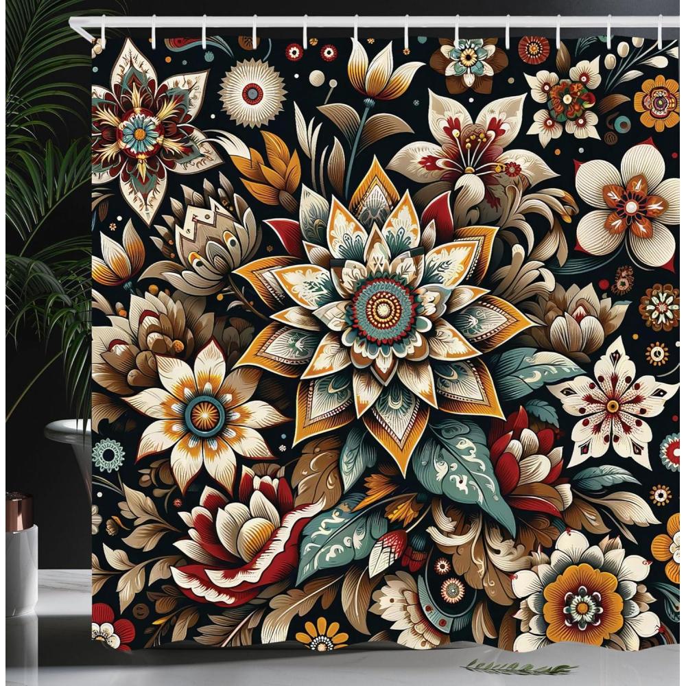 imageAmbesonne Floral Shower Curtain Romantic Tender Garden of Daisy Like Flowers and Leaves 70s Groovy Nature Cloth Fabric Bathroom Decor Set with Hooks 69 W x 70 L Reseda Green and PinkBlack Sepia and Orange