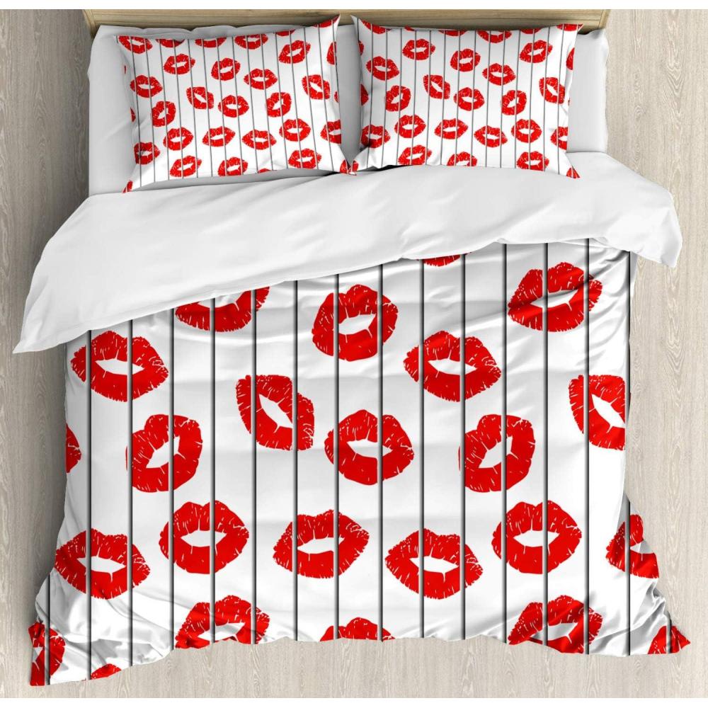 imageAmbesonne Glamour Duvet Cover Set Woman Lips Behind The Bars Female Love Romance Valentines Day Print Decorative 3 Piece Bedding Set with 2 Pillow Shams Queen Size Scarlet White and Grey