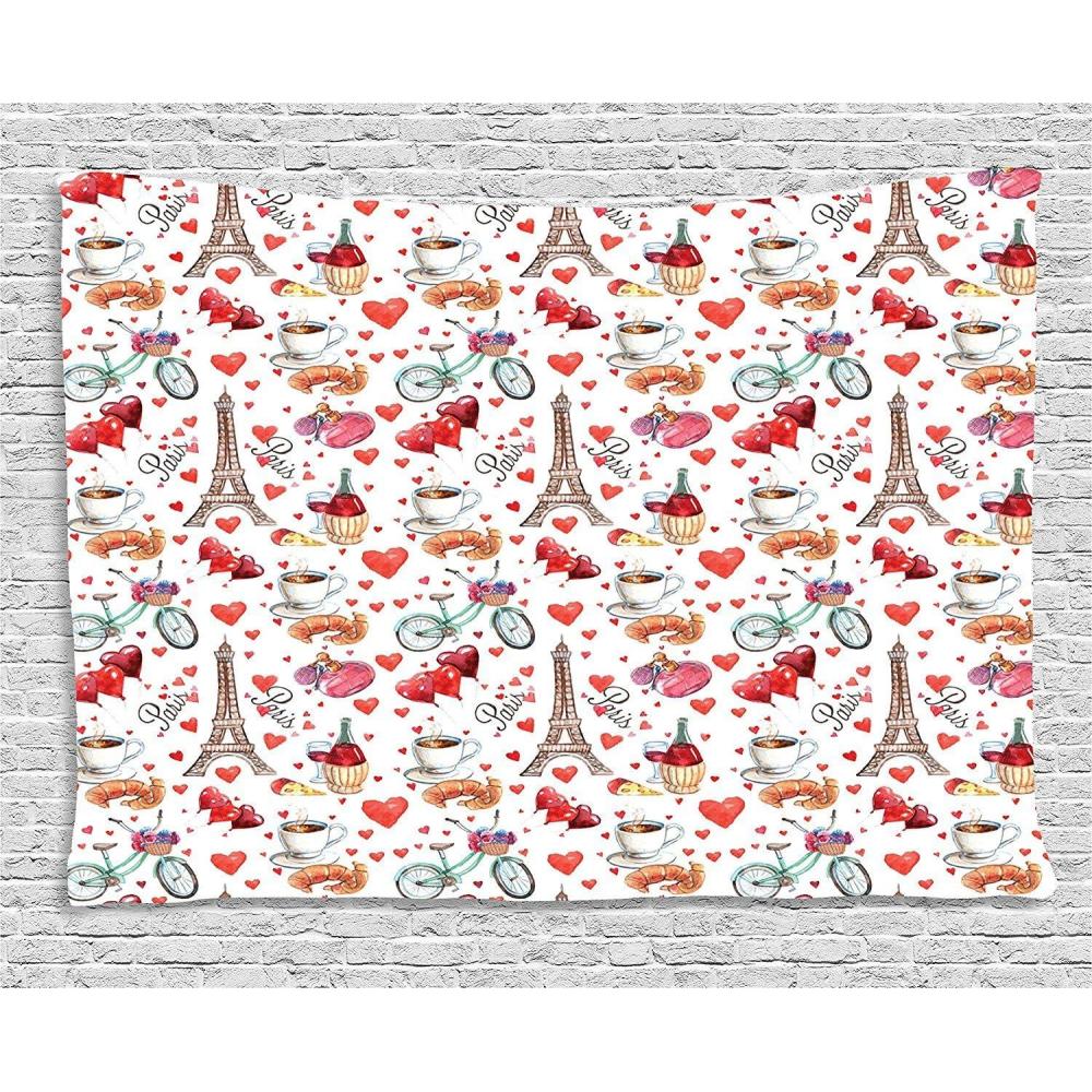 imageAmbesonne Romantic Tapestry Valentines Day Love Themed Paris Coffee Wine Parfumes Bikes with Heart Backdrop Wide Wall Hanging for Bedroom Living Room Dorm 60 X 40 Multicolor60L x 40W