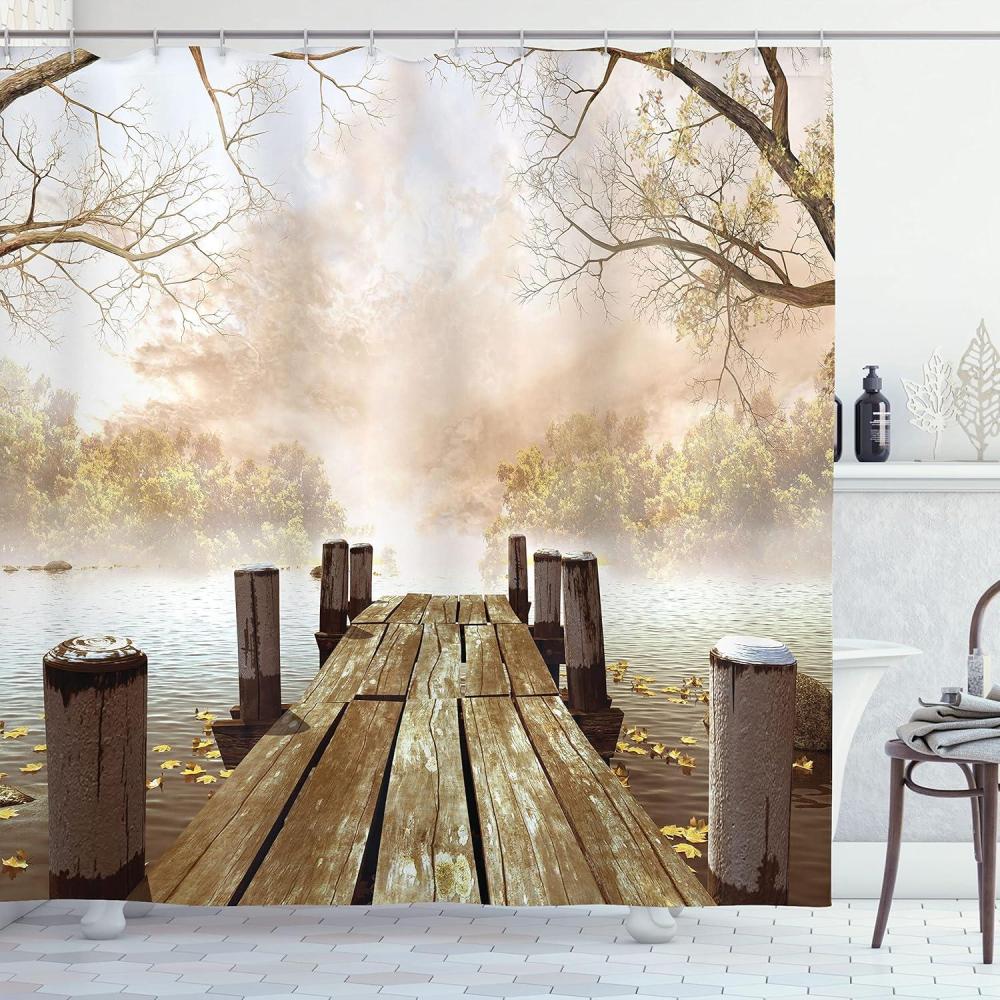 imageAmbesonne Tan Shower Curtain Romantic Boho Nostalgic Minimalistic Monochromatic Wild Flowers Painting Print Cloth Fabric Bathroom Decor Set with Hooks 69 W x 75 L Ecru Sepia AlmondBrown Beige