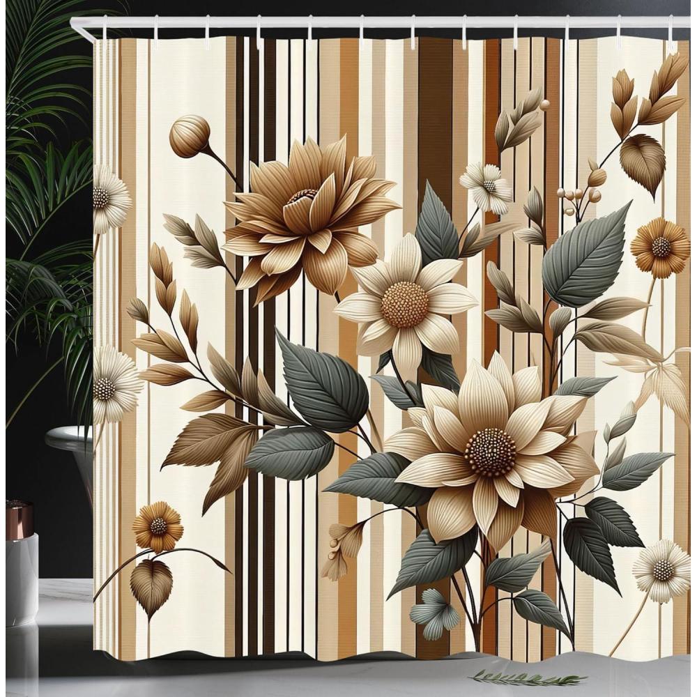 imageAmbesonne Tan Shower Curtain Romantic Boho Nostalgic Minimalistic Monochromatic Wild Flowers Painting Print Cloth Fabric Bathroom Decor Set with Hooks 69 W x 75 L Ecru Sepia AlmondAlmond Dark Reseda Green