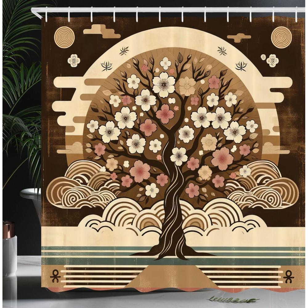 imageAmbesonne Tan Shower Curtain Romantic Boho Nostalgic Minimalistic Monochromatic Wild Flowers Painting Print Cloth Fabric Bathroom Decor Set with Hooks 69 W x 75 L Ecru Sepia AlmondChocolate Beige Green