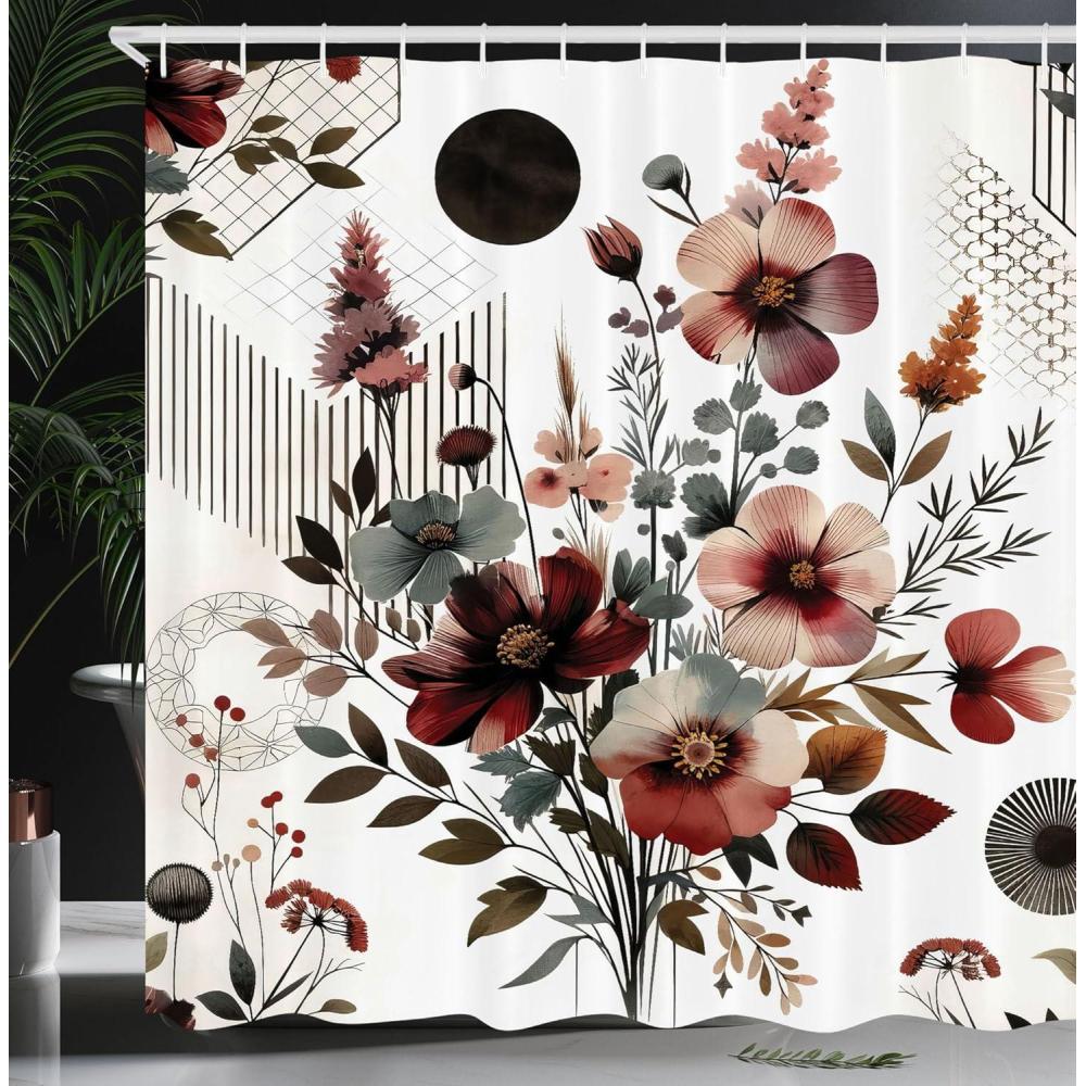 imageAmbesonne Tan Shower Curtain Romantic Boho Nostalgic Minimalistic Monochromatic Wild Flowers Painting Print Cloth Fabric Bathroom Decor Set with Hooks 69 W x 75 L Ecru Sepia AlmondMaroon Dark Sea Green