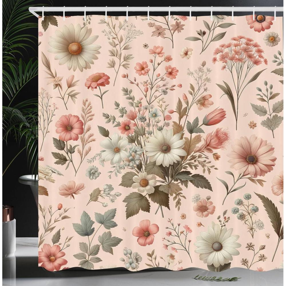 imageAmbesonne Tan Shower Curtain Romantic Boho Nostalgic Minimalistic Monochromatic Wild Flowers Painting Print Cloth Fabric Bathroom Decor Set with Hooks 69 W x 75 L Ecru Sepia AlmondBlush Olive Green