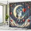 Ambesonne Cat Shower Curtain, Toasting Champagne Kitties Romantic Date Crescent Clouds Heart Balloons, Cloth Fabric Bathroom Decor Set with Hooks, 69″ W x 70″ L, Dark Night Blue Vermilion(Dark Night Blue Vermilion)