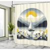 Ambesonne Cat Shower Curtain, Toasting Champagne Kitties Romantic Date Crescent Clouds Heart Balloons, Cloth Fabric Bathroom Decor Set with Hooks, 69″ W x 70″ L, Dark Night Blue Vermilion(Blue Grey and Earth Yellow)
