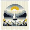 Ambesonne Cat Shower Curtain, Toasting Champagne Kitties Romantic Date Crescent Clouds Heart Balloons, Cloth Fabric Bathroom Decor Set with Hooks, 69″ W x 70″ L, Dark Night Blue Vermilion(Blue Grey and Earth Yellow)