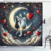 Ambesonne Cat Shower Curtain, Toasting Champagne Kitties Romantic Date Crescent Clouds Heart Balloons, Cloth Fabric Bathroom Decor Set with Hooks, 69″ W x 70″ L, Dark Night Blue Vermilion(Dark Night Blue Vermilion)