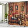 Ambesonne Cat Shower Curtain, Toasting Champagne Kitties Romantic Date Crescent Clouds Heart Balloons, Cloth Fabric Bathroom Decor Set with Hooks, 69″ W x 70″ L, Dark Night Blue Vermilion(Marigold Salmon)