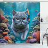 Ambesonne Cat Shower Curtain, Toasting Champagne Kitties Romantic Date Crescent Clouds Heart Balloons, Cloth Fabric Bathroom Decor Set with Hooks, 69″ W x 70″ L, Dark Night Blue Vermilion(Turquoise Multicolor)
