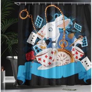 Ambesonne Alice in Wonderland Shower Curtain, Rabbit Motion Cups Hearts and Flower Character Alice Cartoon Style, Cloth Fabric Bathroom Decor Set with Hooks, 69″ W x 70″ L, Dark Blue Charcoal Grey