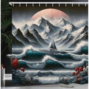 Ambesonne Cat Shower Curtain, Toasting Champagne Kitties Romantic Date Crescent Clouds Heart Balloons, Cloth Fabric Bathroom Decor Set with Hooks, 69″ W x 70″ L, Dark Night Blue Vermilion(Petrol Blue Red Blue Grey)