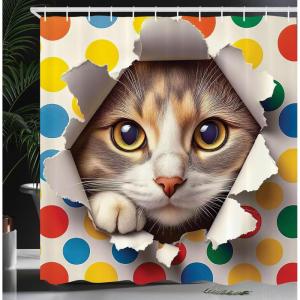 Ambesonne Cat Shower Curtain, Toasting Champagne Kitties Romantic Date Crescent Clouds Heart Balloons, Cloth Fabric Bathroom Decor Set with Hooks, 69″ W x 70″ L, Dark Night Blue Vermilion(Multi Color)