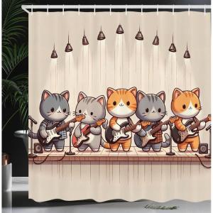 Ambesonne Cat Shower Curtain, Toasting Champagne Kitties Romantic Date Crescent Clouds Heart Balloons, Cloth Fabric Bathroom Decor Set with Hooks, 69″ W x 70″ L, Dark Night Blue Vermilion(Grey Orange and Pale Tan)