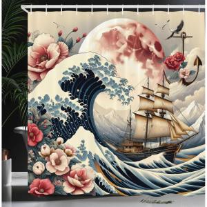 Ambesonne Cat Shower Curtain, Toasting Champagne Kitties Romantic Date Crescent Clouds Heart Balloons, Cloth Fabric Bathroom Decor Set with Hooks, 69″ W x 70″ L, Dark Night Blue Vermilion(Blue Pink Eggshell)