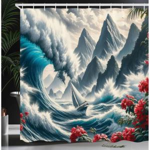 Ambesonne Cat Shower Curtain, Toasting Champagne Kitties Romantic Date Crescent Clouds Heart Balloons, Cloth Fabric Bathroom Decor Set with Hooks, 69″ W x 70″ L, Dark Night Blue Vermilion(Cadet Blue and Dark Pink)