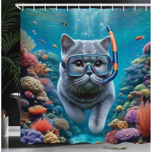 Ambesonne Cat Shower Curtain, Toasting Champagne Kitties Romantic Date Crescent Clouds Heart Balloons, Cloth Fabric Bathroom Decor Set with Hooks, 69″ W x 70″ L, Dark Night Blue Vermilion(Turquoise Multicolor)