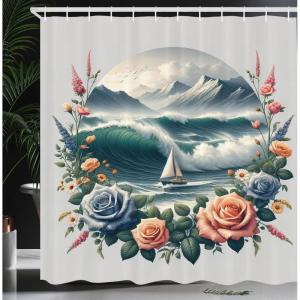 Ambesonne Cat Shower Curtain, Toasting Champagne Kitties Romantic Date Crescent Clouds Heart Balloons, Cloth Fabric Bathroom Decor Set with Hooks, 69″ W x 70″ L, Dark Night Blue Vermilion(Teal Salmon and Slate Blue)