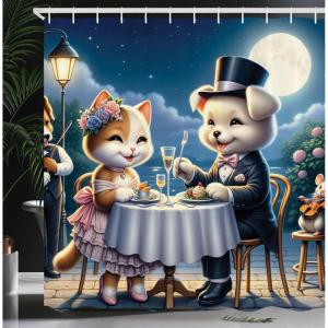 Ambesonne Cat Shower Curtain, Toasting Champagne Kitties Romantic Date Crescent Clouds Heart Balloons, Cloth Fabric Bathroom Decor Set with Hooks, 69″ W x 70″ L, Dark Night Blue Vermilion(Night Blue Rose Apricot)