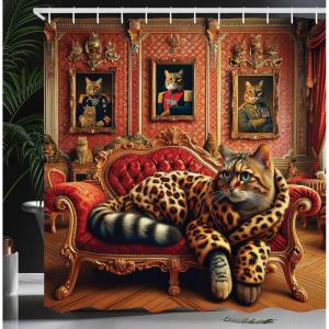 Ambesonne Cat Shower Curtain, Toasting Champagne Kitties Romantic Date Crescent Clouds Heart Balloons, Cloth Fabric Bathroom Decor Set with Hooks, 69″ W x 70″ L, Dark Night Blue Vermilion(Marigold Salmon)