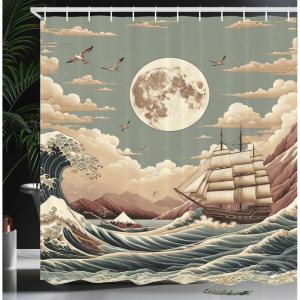 Ambesonne Cat Shower Curtain, Toasting Champagne Kitties Romantic Date Crescent Clouds Heart Balloons, Cloth Fabric Bathroom Decor Set with Hooks, 69″ W x 70″ L, Dark Night Blue Vermilion(Pale Teal Tan Dried Rose)