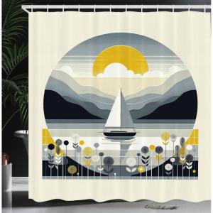 Ambesonne Cat Shower Curtain, Toasting Champagne Kitties Romantic Date Crescent Clouds Heart Balloons, Cloth Fabric Bathroom Decor Set with Hooks, 69″ W x 70″ L, Dark Night Blue Vermilion(Blue Grey and Earth Yellow)