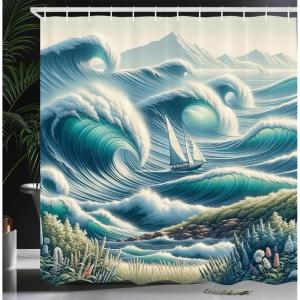 Ambesonne Cat Shower Curtain, Toasting Champagne Kitties Romantic Date Crescent Clouds Heart Balloons, Cloth Fabric Bathroom Decor Set with Hooks, 69″ W x 70″ L, Dark Night Blue Vermilion(Reseda Green Teal and Blue)