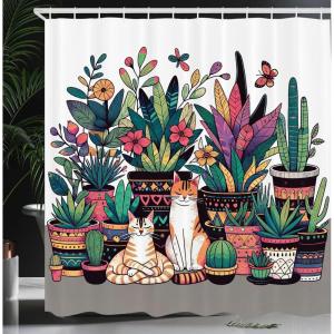 Ambesonne Cat Shower Curtain, Toasting Champagne Kitties Romantic Date Crescent Clouds Heart Balloons, Cloth Fabric Bathroom Decor Set with Hooks, 69″ W x 70″ L, Dark Night Blue Vermilion(Teal Pink and Purple)