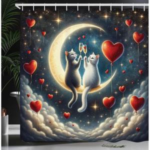 Ambesonne Cat Shower Curtain, Toasting Champagne Kitties Romantic Date Crescent Clouds Heart Balloons, Cloth Fabric Bathroom Decor Set with Hooks, 69″ W x 70″ L, Dark Night Blue Vermilion(Dark Night Blue Vermilion)