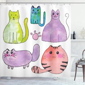 Ambesonne Cat Shower Curtain, Toasting Champagne Kitties Romantic Date Crescent Clouds Heart Balloons, Cloth Fabric Bathroom Decor Set with Hooks, 69″ W x 70″ L, Dark Night Blue Vermilion(Violet White Multicolor)