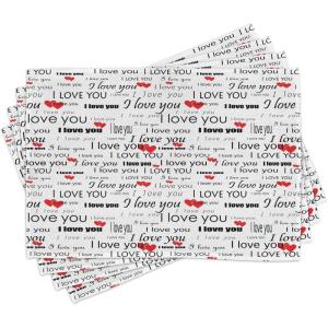 Ambesonne Romantic Place Mats Set of 4, I Love You Words Hearts Romance Couple Valentine Plain Backdrop, Washable Fabric Placemats for Dining Table, Standard Size, Scarlet White