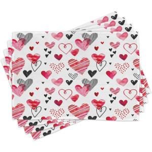 Ambesonne Valentine Place Mats Set of 4, Different Types of Heart Shapes Romance Love Theme Watercolor Striped Art, Washable Fabric Placemats for Dining Table, Standard Size, White Black(White Black)