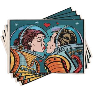 Ambesonne Valentine Place Mats Set of 4, Different Types of Heart Shapes Romance Love Theme Watercolor Striped Art, Washable Fabric Placemats for Dining Table, Standard Size, White Black(Orange Teal)