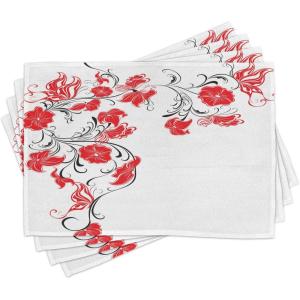 Ambesonne Valentine Place Mats Set of 4, Different Types of Heart Shapes Romance Love Theme Watercolor Striped Art, Washable Fabric Placemats for Dining Table, Standard Size, White Black(Scarlet White)
