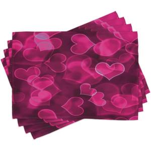Ambesonne Valentine Place Mats Set of 4, Different Types of Heart Shapes Romance Love Theme Watercolor Striped Art, Washable Fabric Placemats for Dining Table, Standard Size, White Black(Magenta Pink)