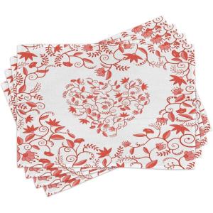 Ambesonne Valentines Day Place Mats Set of 4, Paisley Floral Details with Leaves and Roses in a Shape of Heart Frame Image, Washable Fabric Placemats for Dining Table, Standard Size, Red White