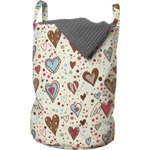 Ambesonne Valentines Laundry Bag, Hand Drawn Dotted Background with Valentines Day Themed Colorful Heart Shapes, Hamper Basket with Handles Drawstring Closure for Laundromats, 13″ x 19″, Multicolor