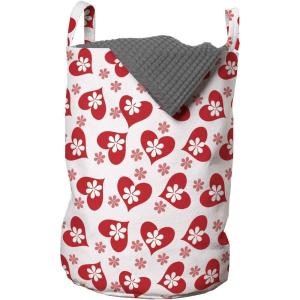 Ambesonne Valentines Laundry Bag, Romantic Feelings Illustration with Hearts and Flowers Valentines Day, Hamper Basket with Handles Drawstring Closure for Laundromats, 13″ x 19″, Dark Coral White