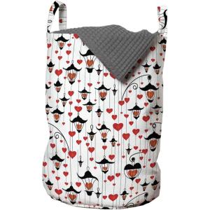Ambesonne Valentines Laundry Bag, Valentines Day Themed Love Illustration of Hearts with Ornaments, Hamper Basket with Handles Drawstring Closure for Laundromats, 13″ x 19″, Orange Red Black