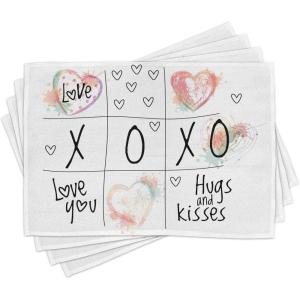 Ambesonne Xo Place Mats Set of 4, Love You Hugs Kisses Watercolor Splashes Heart Valentines Artwork, Washable Fabric Placemats for Dining Room Kitchen Table Decor, Coral Mint Green Black White
