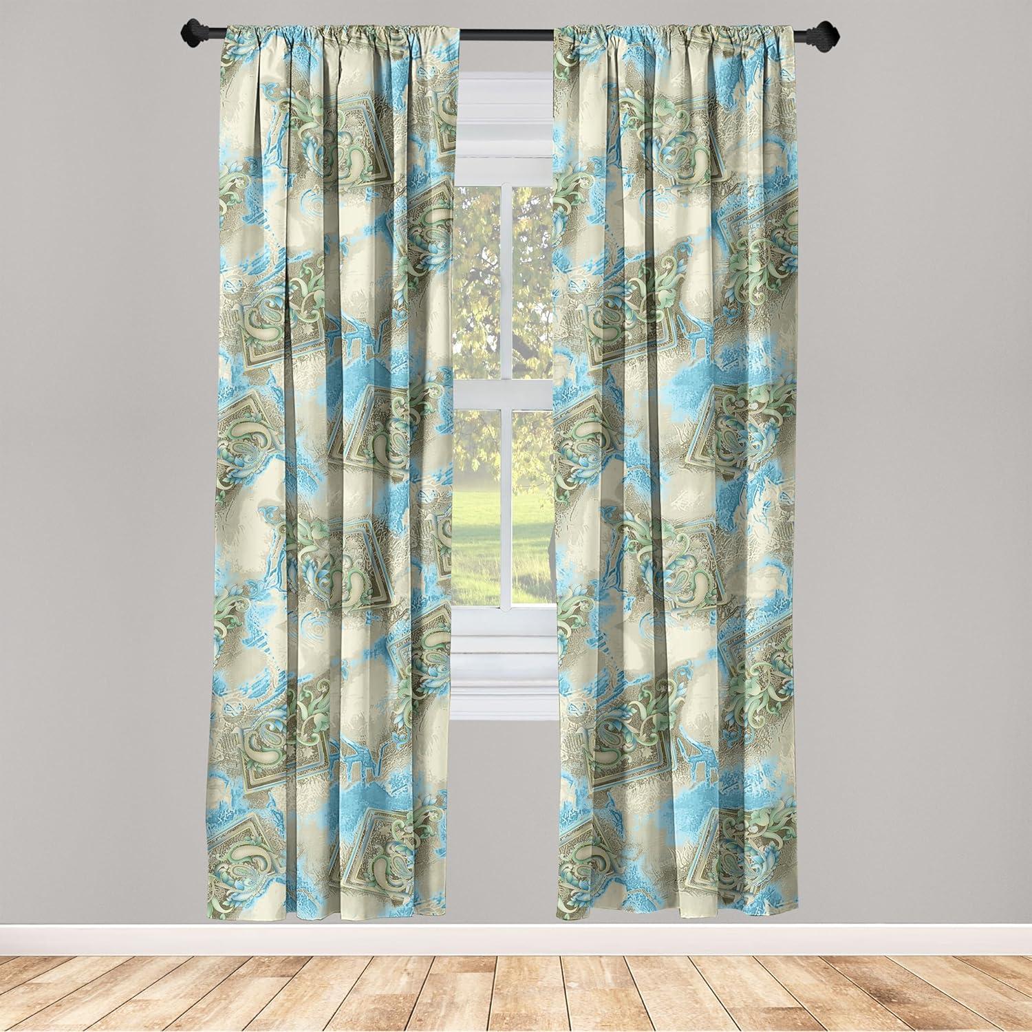 imageAmbesonne Ethnic Curtains Watercolor Folk Floral Ornament Tie Dye Look on Creamy Neutral Backdrop Window Treatments 2 Panel Set for Living Room Bedroom Pair of 28 x 63 Jade Green Plum MustardSky Blue Pale Khaki