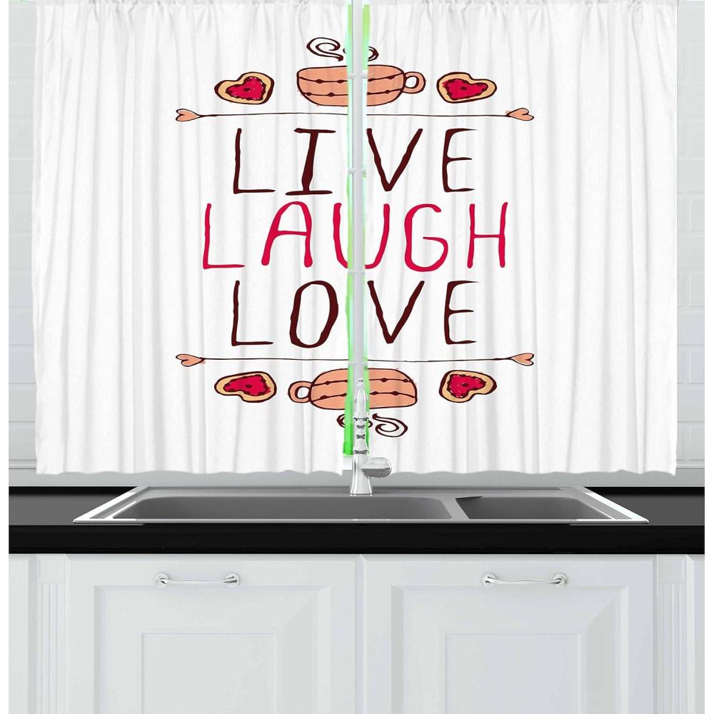 imageAmbesonne Live Laugh Love Kitchen Curtains Valentines Day Theme Typographic Banner Heart Shaped Cookies Tea Cup Window Drapes 2 Panel Set for Kitchen Cafe Decor 55 x 39 Peach White Dark PinkPeach White Dark Pink