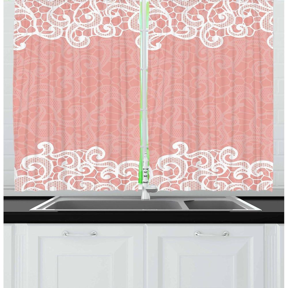 imageAmbesonne Live Laugh Love Kitchen Curtains Valentines Day Theme Typographic Banner Heart Shaped Cookies Tea Cup Window Drapes 2 Panel Set for Kitchen Cafe Decor 55 x 39 Peach White Dark PinkCoral White