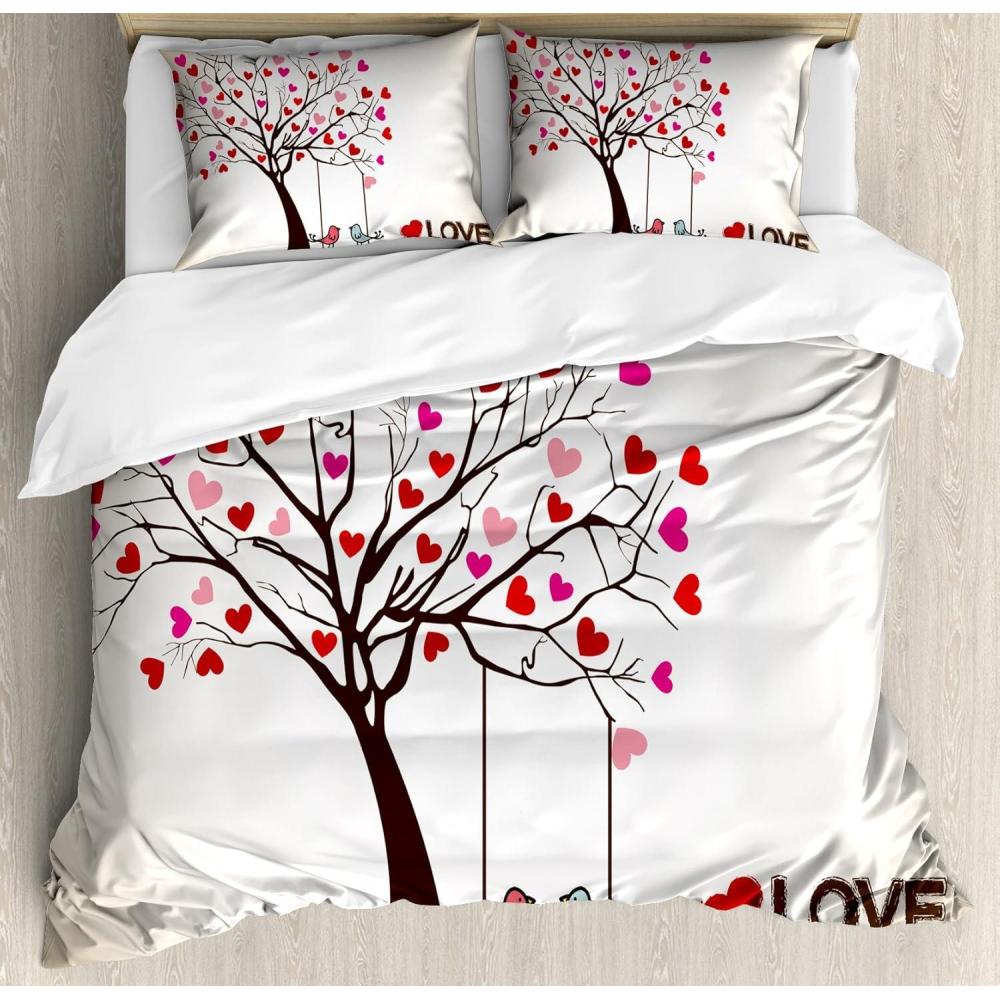 imageAmbesonne Love Duvet Cover Set Heart Leaves on Tree with Birds in Love on a Swing Cartoon for Valentines Day Decorative 3 Piece Bedding Set with 2 Pillow Shams Queen Size Multicolor