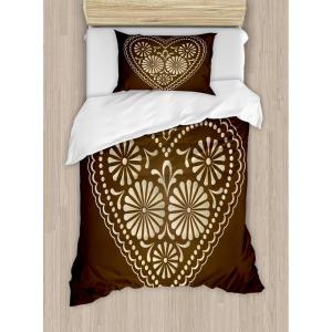 Ambesonne Chocolate Duvet Cover Set, Romantic Heart Pattern with Dots and Flowers Valentines Day Art Illustration, Decorative 3 Piece Bedding Set with 2 Pillow Shams, Queen Size, Brown Beige(Brown Beige)