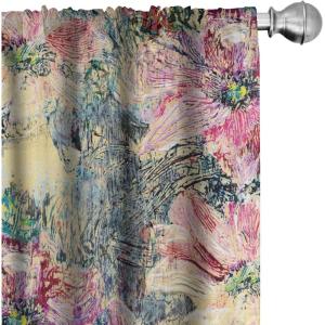 Ambesonne Ethnic Curtains, Watercolor Folk Floral Ornament Tie Dye Look on Creamy Neutral Backdrop, Window Treatments 2 Panel Set for Living Room Bedroom, Pair of – 28″ x 63″, Jade Green Plum Mustard(Hot Pink Pastel Yellow)